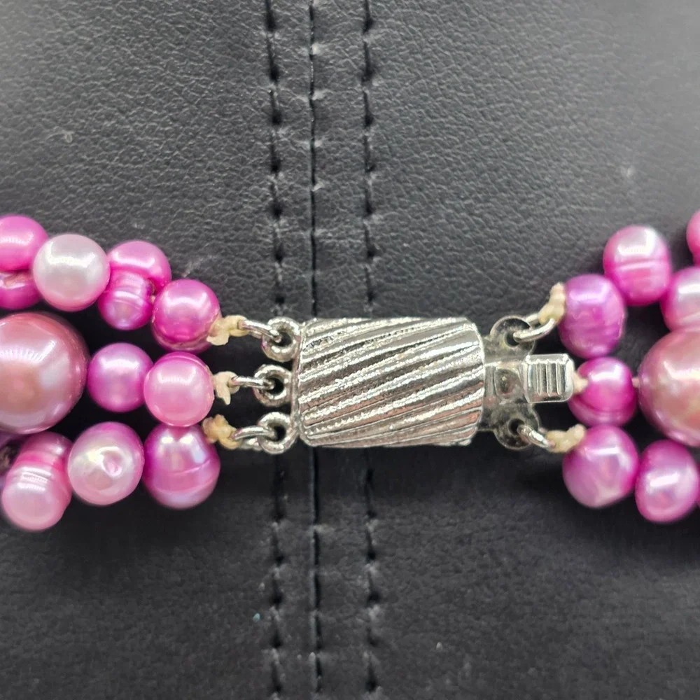 Magenta Pink Multi-Strand Freshwater Pearl Necklace 3-Row Slide Clasp 18in